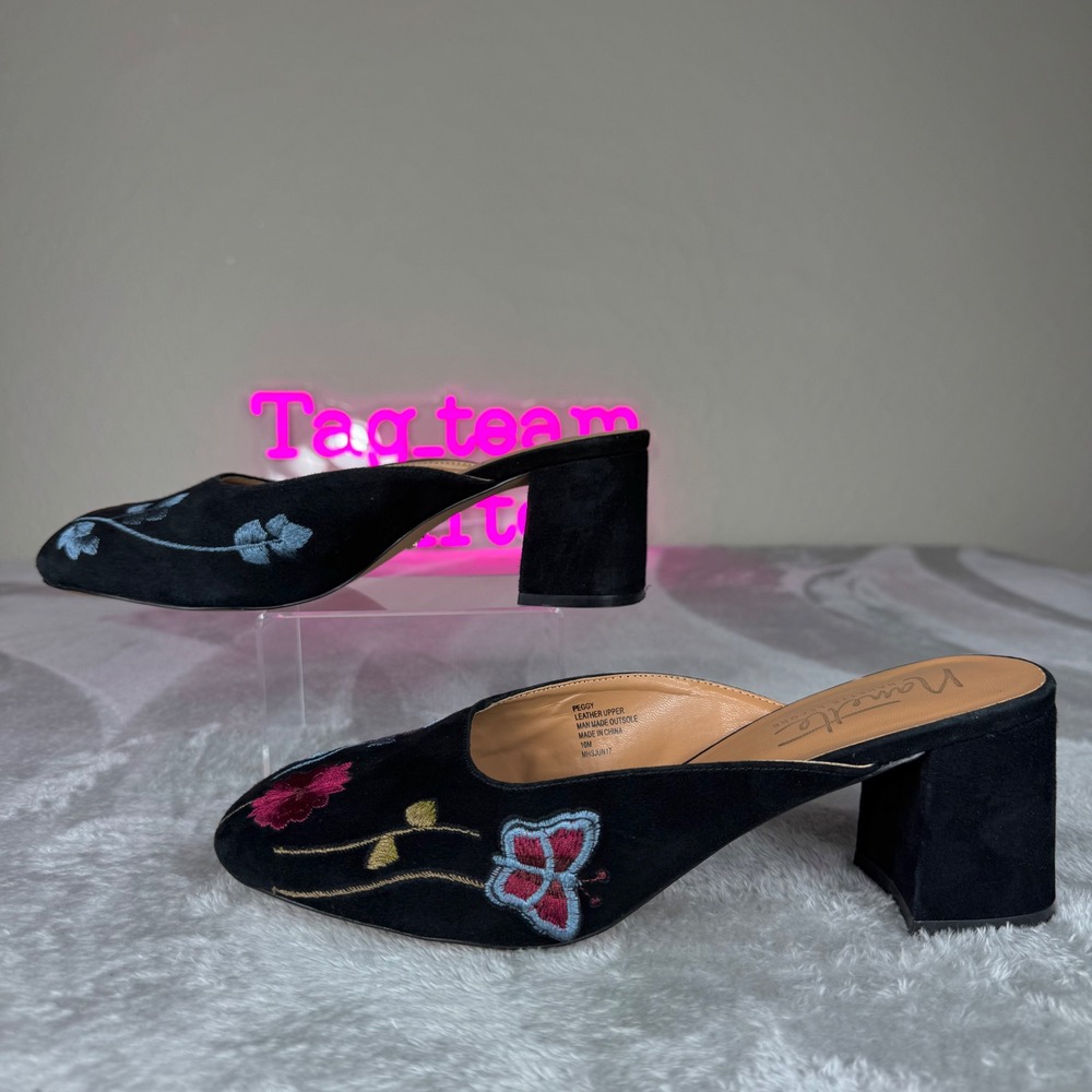 Matisse Peggy Women's 10 M Black Embroidered Floral Butterfly Mule Block Heels